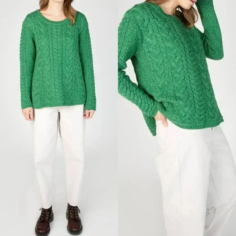 Irelandseye knitwear Primrose A-Line Cable Round Neck Sweater Green Marl L NWT $